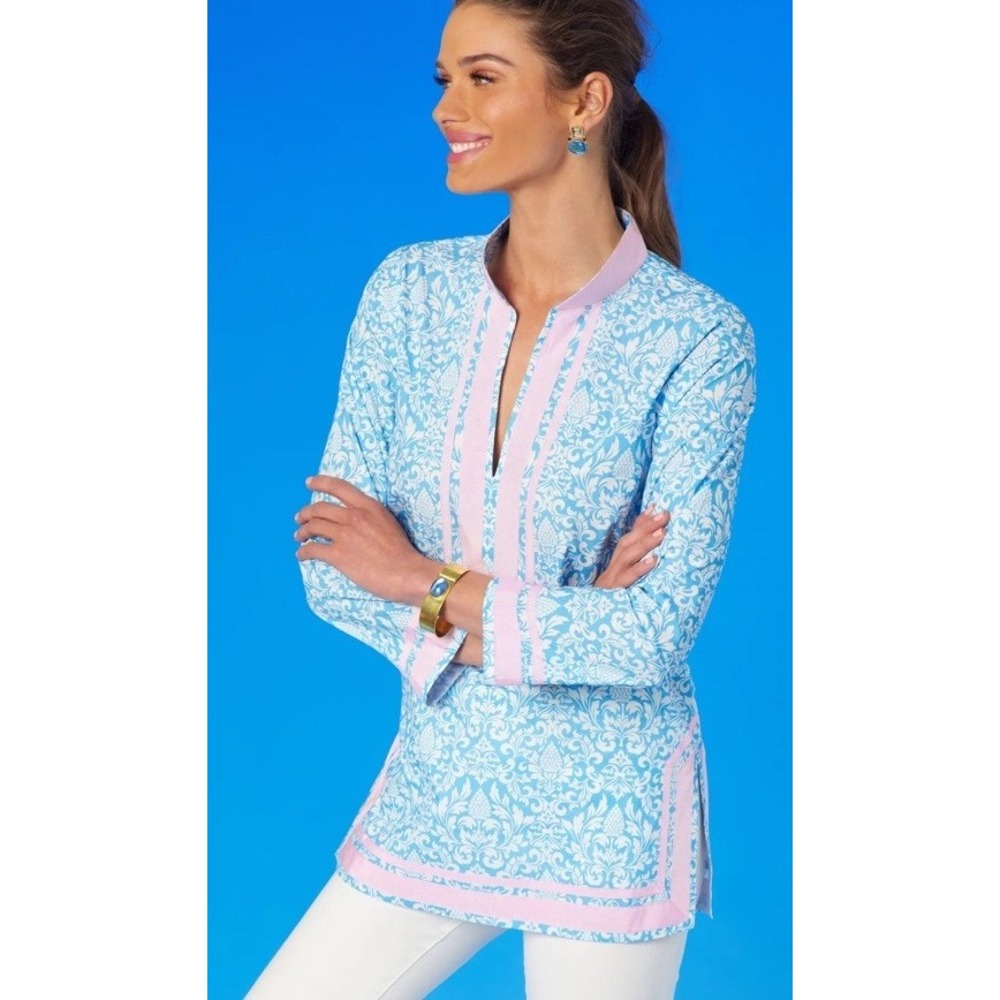 NicoBlu NWT Capri Tunic Top Blue Baroque Pineapple Cotton Beach Coastal Sz XXL